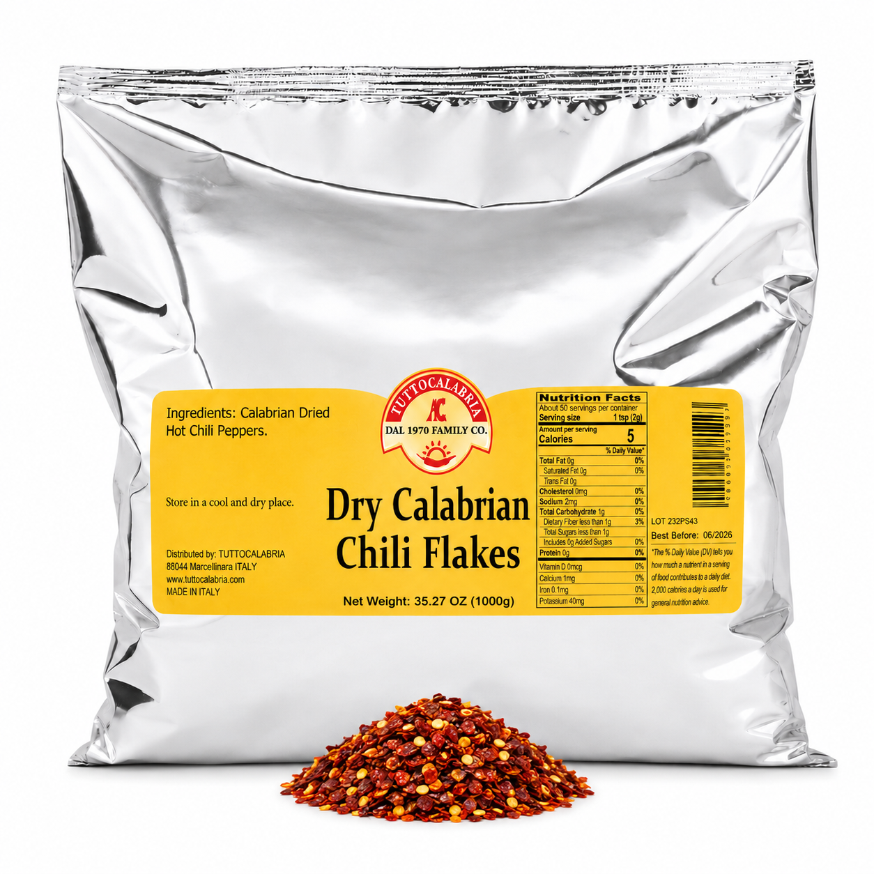 Authentic Calabrian hot chili flakes from Italy. Bold, spicy crushed peppers perfect for pizza, pasta, sauces, and seasoning.