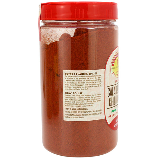 Jar of Tuttolocalabria Calabrian Chili Powder with a red lid on a white background