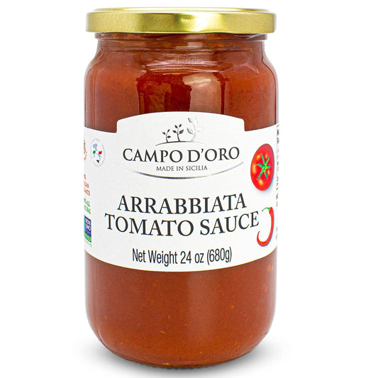 Campo D’Oro arrabbiata tomato sauce with chili pepper, authentic Italian spicy pasta sauce made with tomatoes, garlic, and extra virgin olive oil, glass jar 24oz