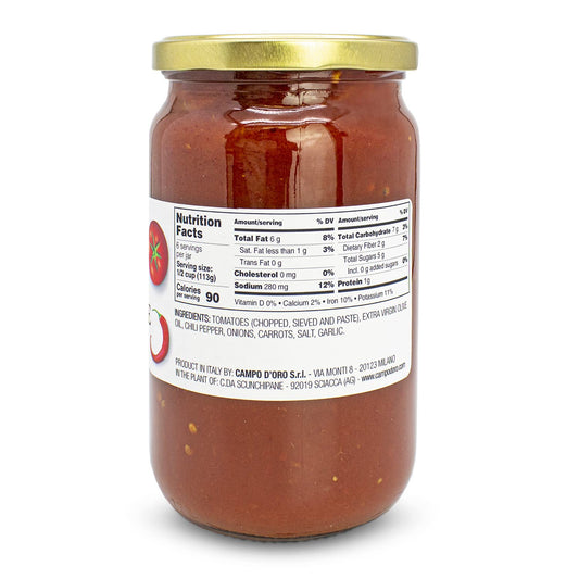 Campo D’Oro arrabbiata tomato sauce with chili pepper, authentic Italian spicy pasta sauce made with tomatoes, garlic, and extra virgin olive oil, glass jar 24oz
