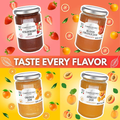 Four jars of Campo d'Oro jam with labels for strawberry, blood orange, orange, and apricot jams on a colorful background with corresponding fruit illustrations.