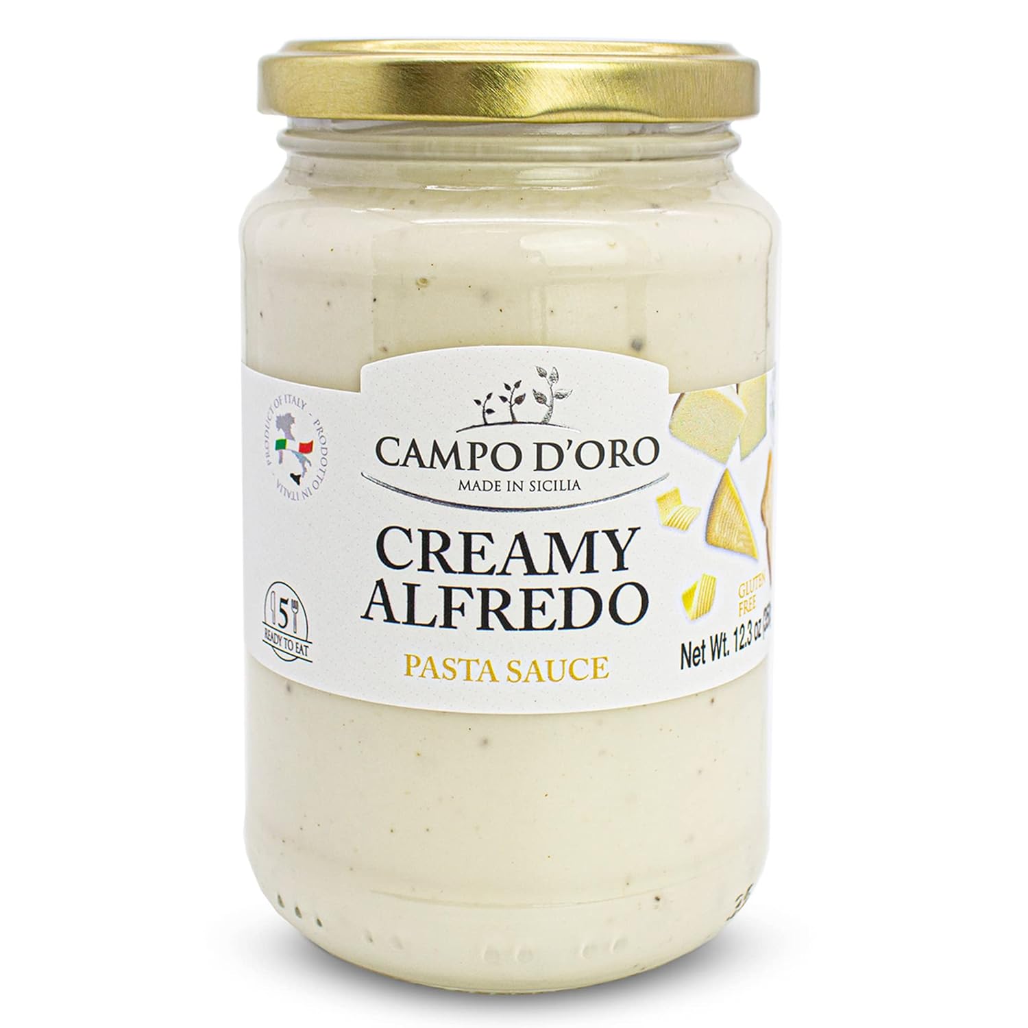 Campo D’Oro creamy Alfredo pasta sauce with Parmigiano Reggiano DOP and Pecorino cheese, authentic Italian white pasta sauce in glass jar 12.3oz, made in Sicily Italy
