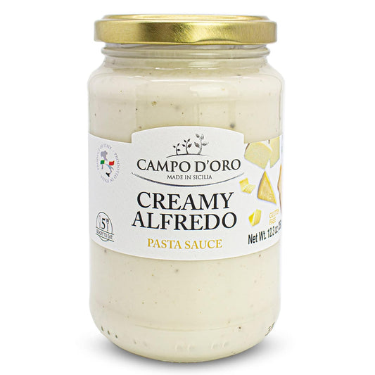 Campo D’Oro creamy Alfredo pasta sauce with Parmigiano Reggiano DOP and Pecorino cheese, authentic Italian white pasta sauce in glass jar 12.3oz, made in Sicily Italy