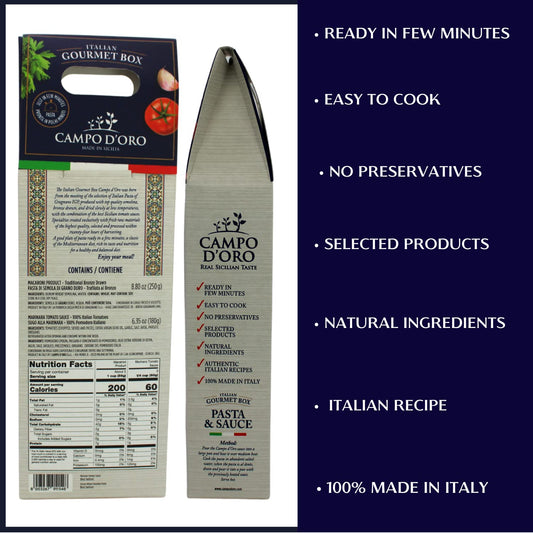 Campo D’Oro Italian gourmet food gift basket with penne pasta and marinara tomato sauce authentic Sicilian meal set