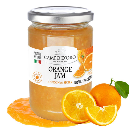 Jar of Campo d'Oro Orange Jam with oranges on a white background