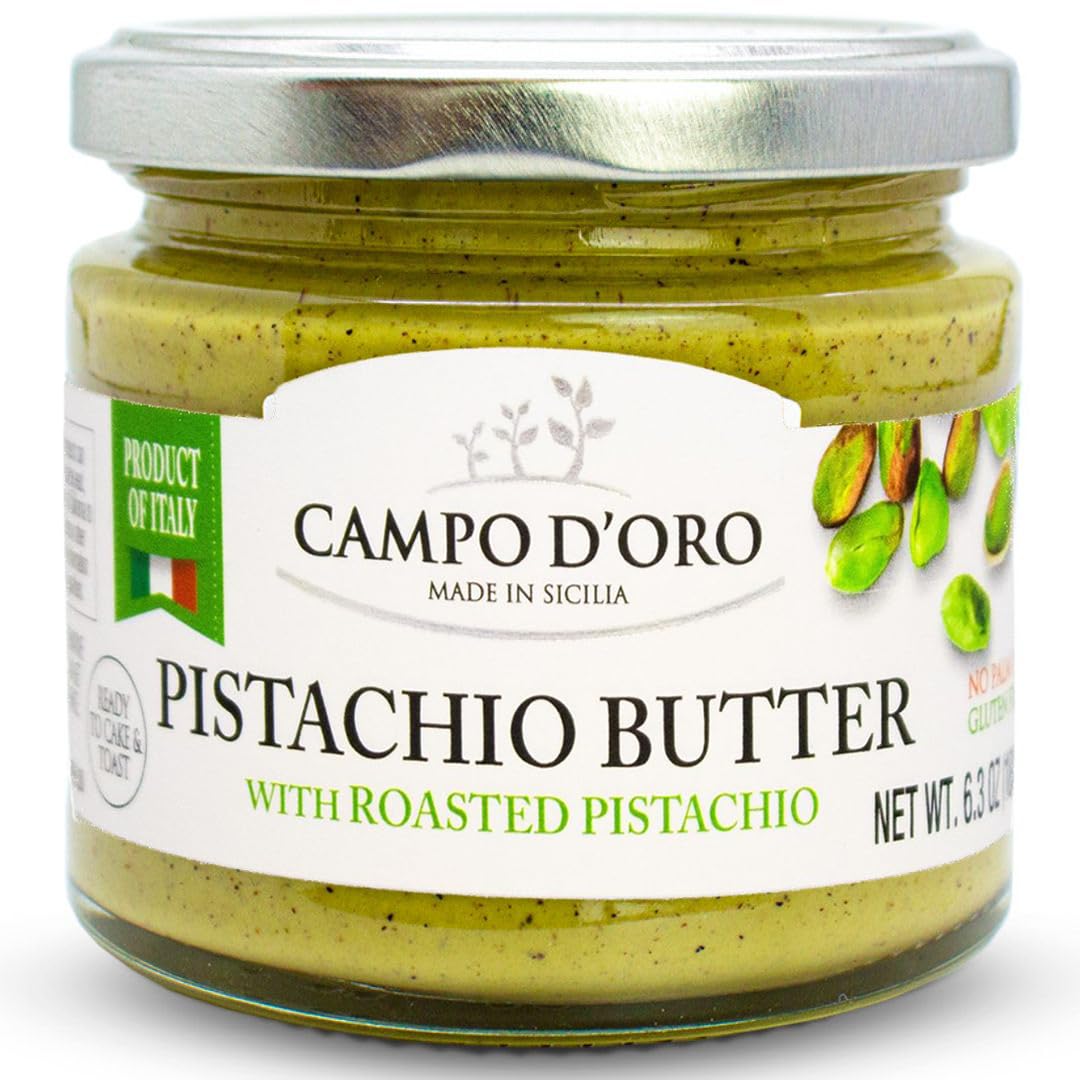 Campo D’Oro Pistachio Butter with roasted pistachio, creamy sweet spread in glass jar 6.35oz (180g), rich nutty Italian pistachio cream