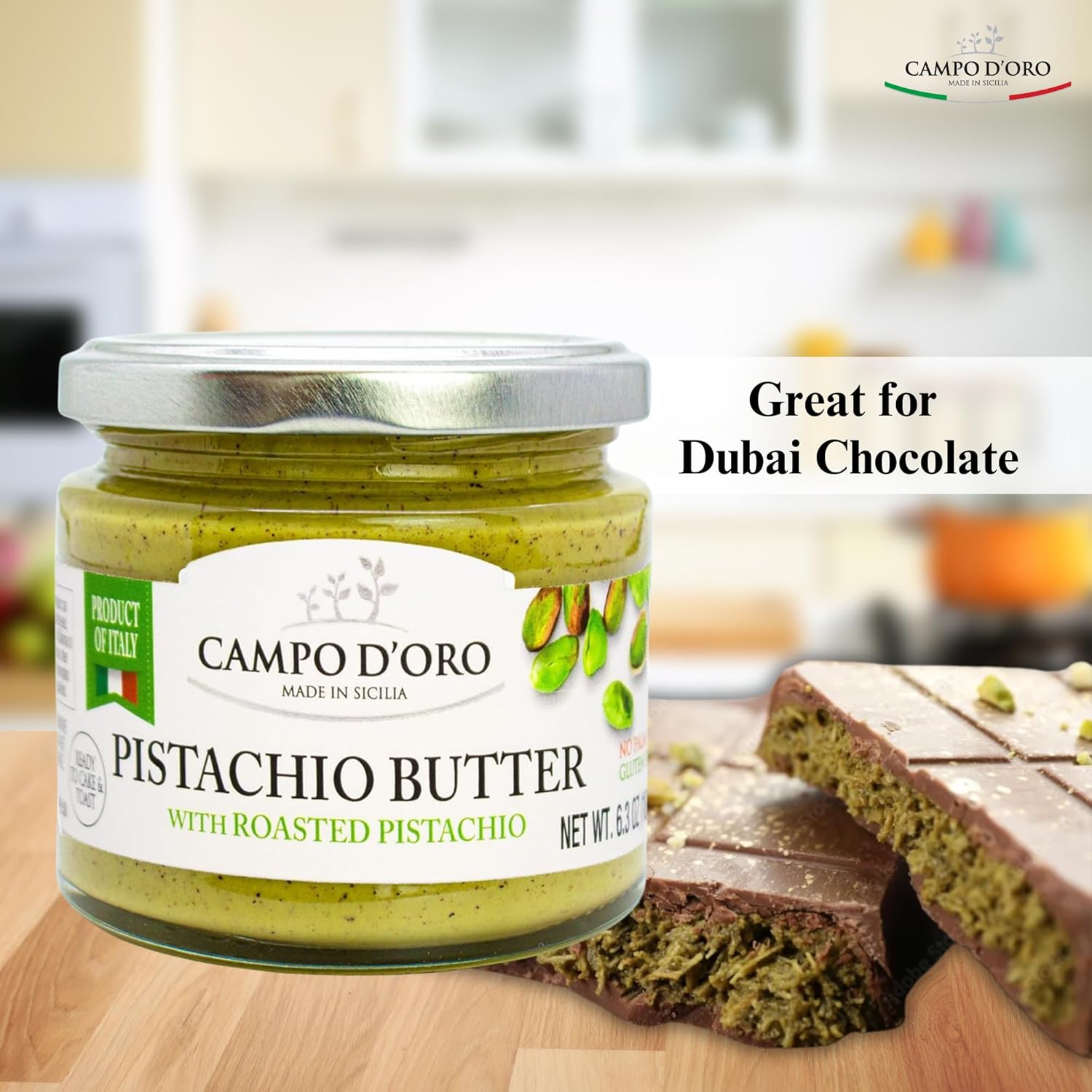 Campo D’Oro Pistachio Butter with roasted pistachio, creamy sweet spread in glass jar 6.35oz (180g), rich nutty Italian pistachio cream