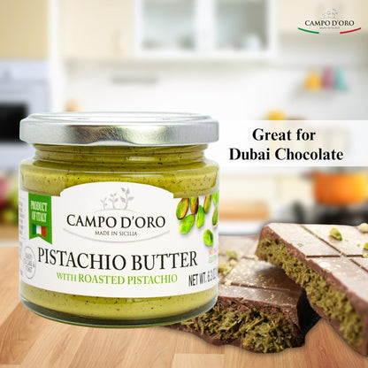 Campo D’Oro Pistachio Butter with roasted pistachio, creamy sweet spread in glass jar 6.35oz (180g), rich nutty Italian pistachio cream