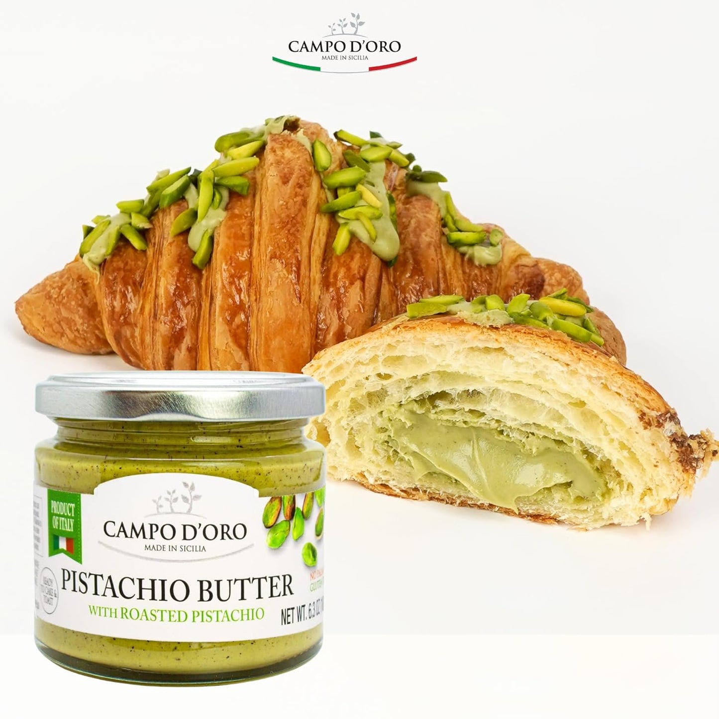 Campo D’Oro Pistachio Butter with roasted pistachio, creamy sweet spread in glass jar 6.35oz (180g), rich nutty Italian pistachio cream