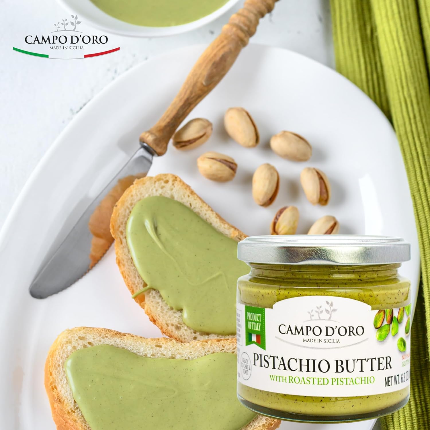 Campo D’Oro Pistachio Butter with roasted pistachio, creamy sweet spread in glass jar 6.35oz (180g), rich nutty Italian pistachio cream