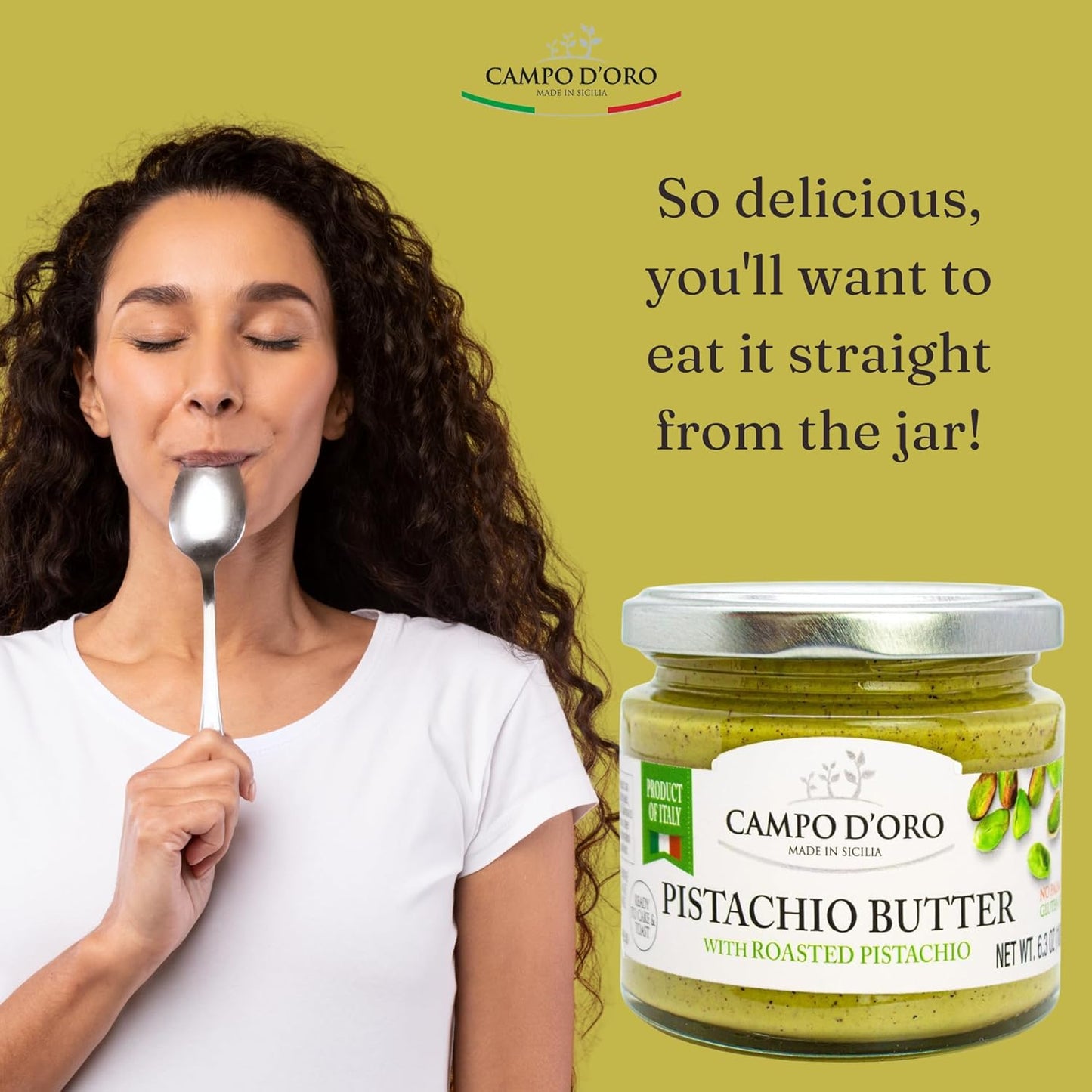 Campo D’Oro Pistachio Butter with roasted pistachio, creamy sweet spread in glass jar 6.35oz (180g), rich nutty Italian pistachio cream