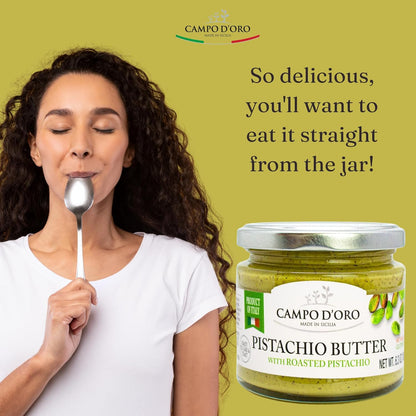 Campo D’Oro Pistachio Butter with roasted pistachio, creamy sweet spread in glass jar 6.35oz (180g), rich nutty Italian pistachio cream