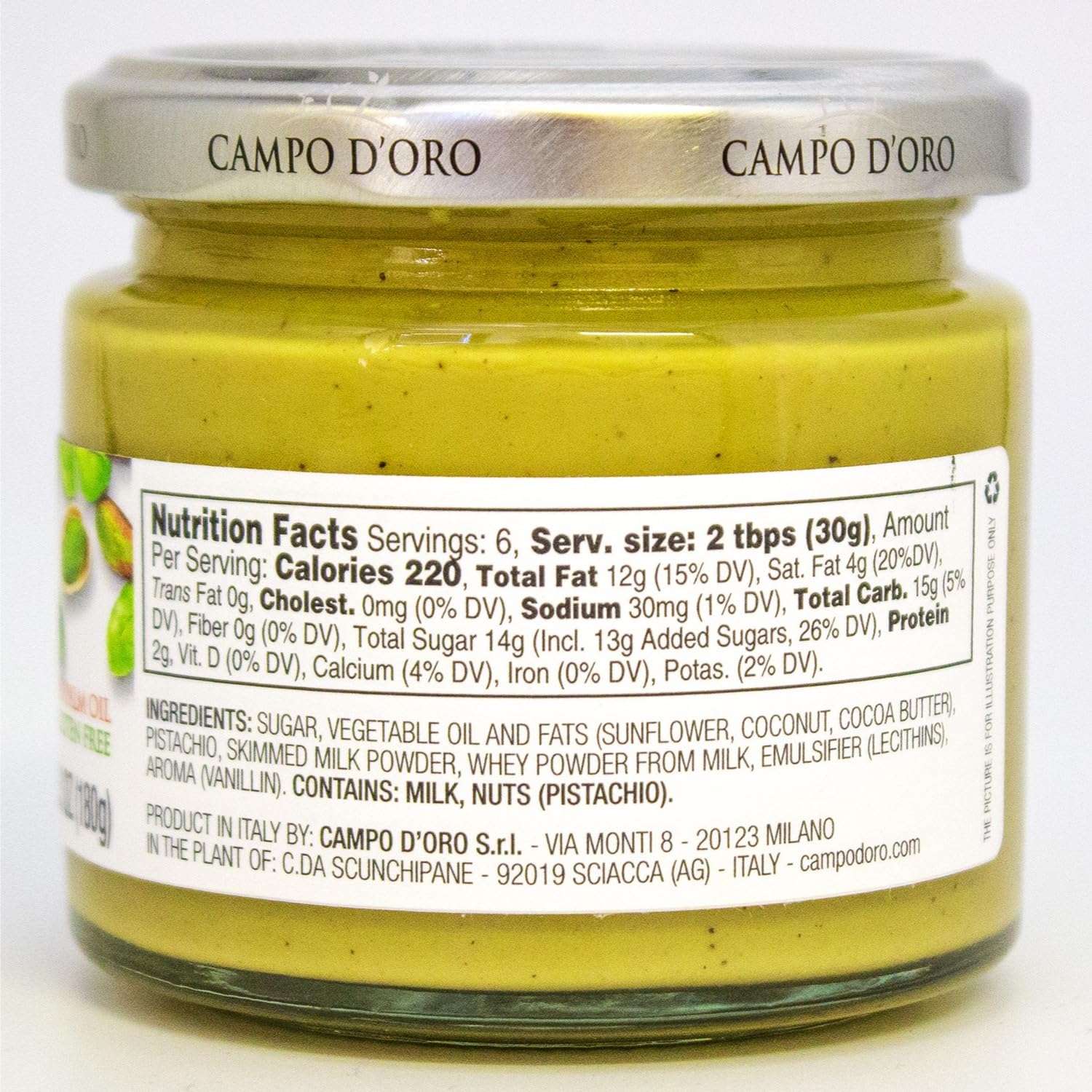 Campo D’Oro Pistachio Butter with roasted pistachio, creamy sweet spread in glass jar 6.35oz (180g), rich nutty Italian pistachio cream