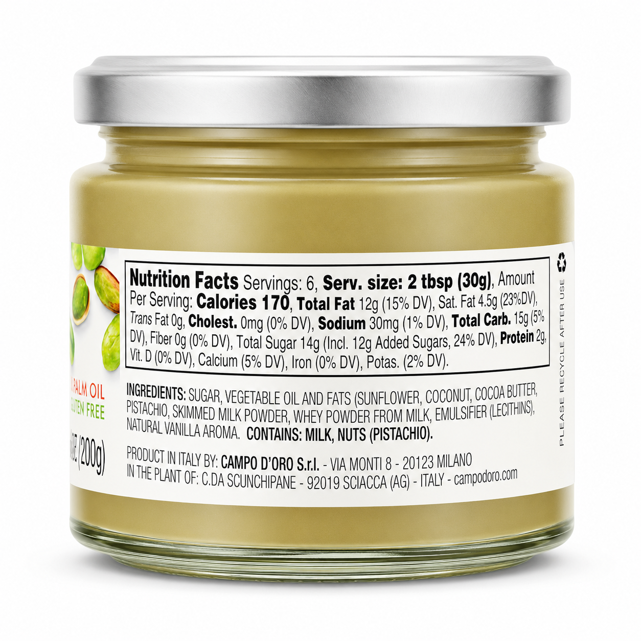 Jar of peanut butter with a label showing nutrition facts and ingredients.