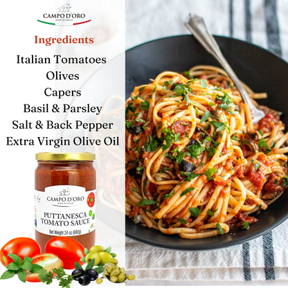 Campo D’Oro puttanesca tomato sauce with olives and capers, authentic Italian pasta sauce made with tomatoes, basil, parsley, and extra virgin olive oil, glass jar 24oz