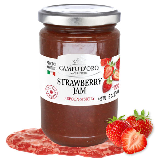 Jar of Campo d'Oro strawberry jam with strawberries and salami on a white background
