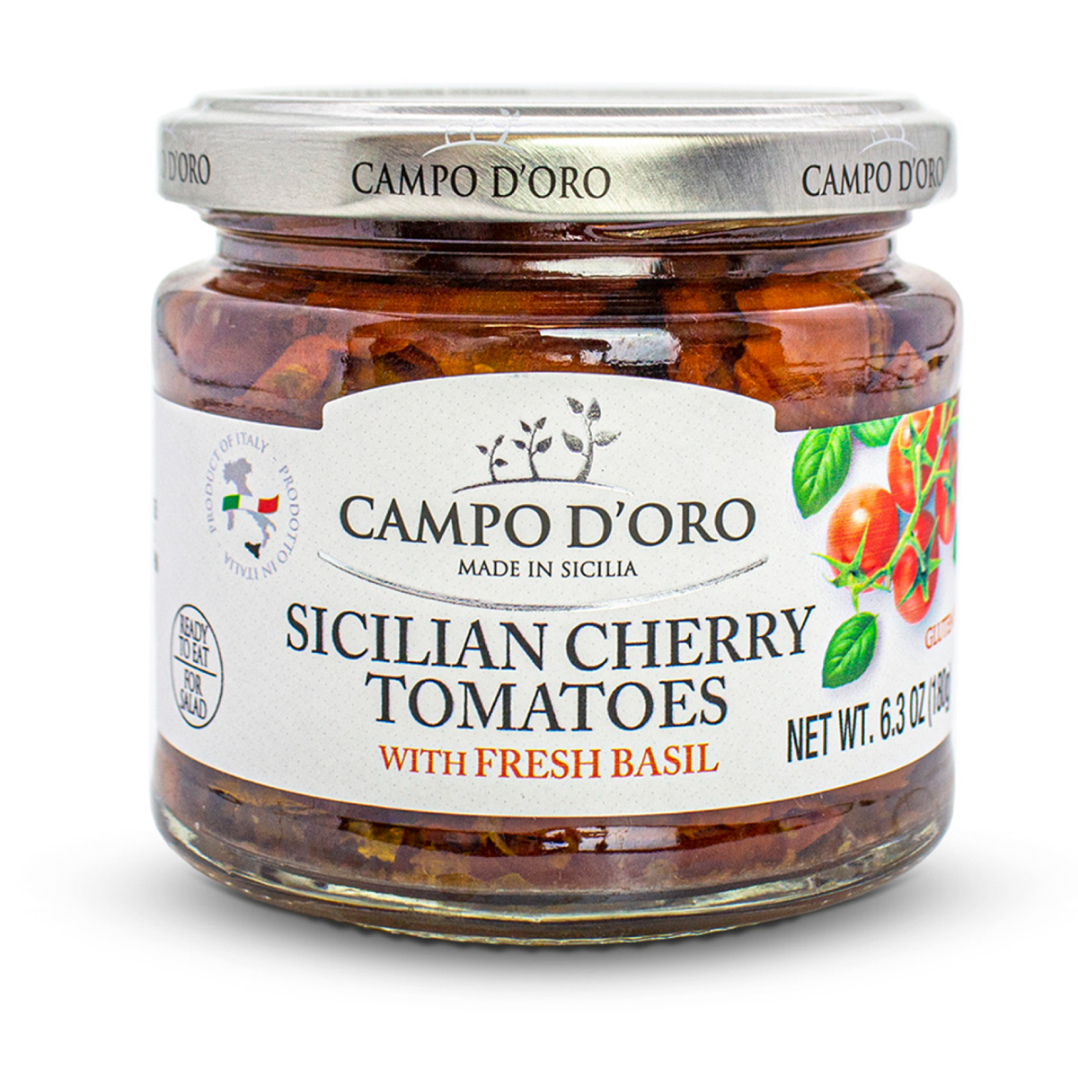 Campo D’Oro sundried cherry tomatoes in oil with fresh basil, authentic Italian antipasto in glass jar 6.35oz (180g), perfect for pasta, pizza, salads, and bruschetta