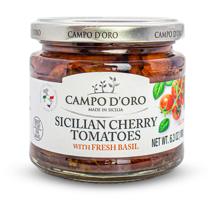 Campo D’Oro sundried cherry tomatoes in oil with fresh basil, authentic Italian antipasto in glass jar 6.35oz (180g), perfect for pasta, pizza, salads, and bruschetta