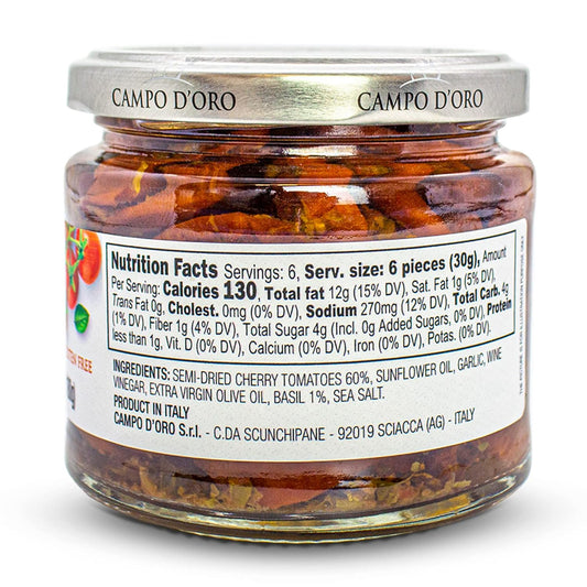 Campo D’Oro sundried cherry tomatoes in oil with fresh basil, authentic Italian antipasto in glass jar 6.35oz (180g), perfect for pasta, pizza, salads, and bruschetta