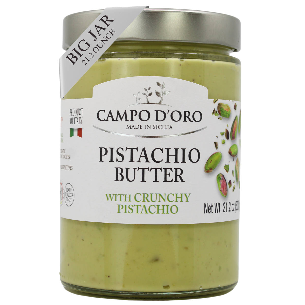 Jar of Campo d'Oro Pistachio Butter with a white label on a white background
