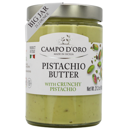 Jar of Campo d'Oro Pistachio Butter with a white label on a white background