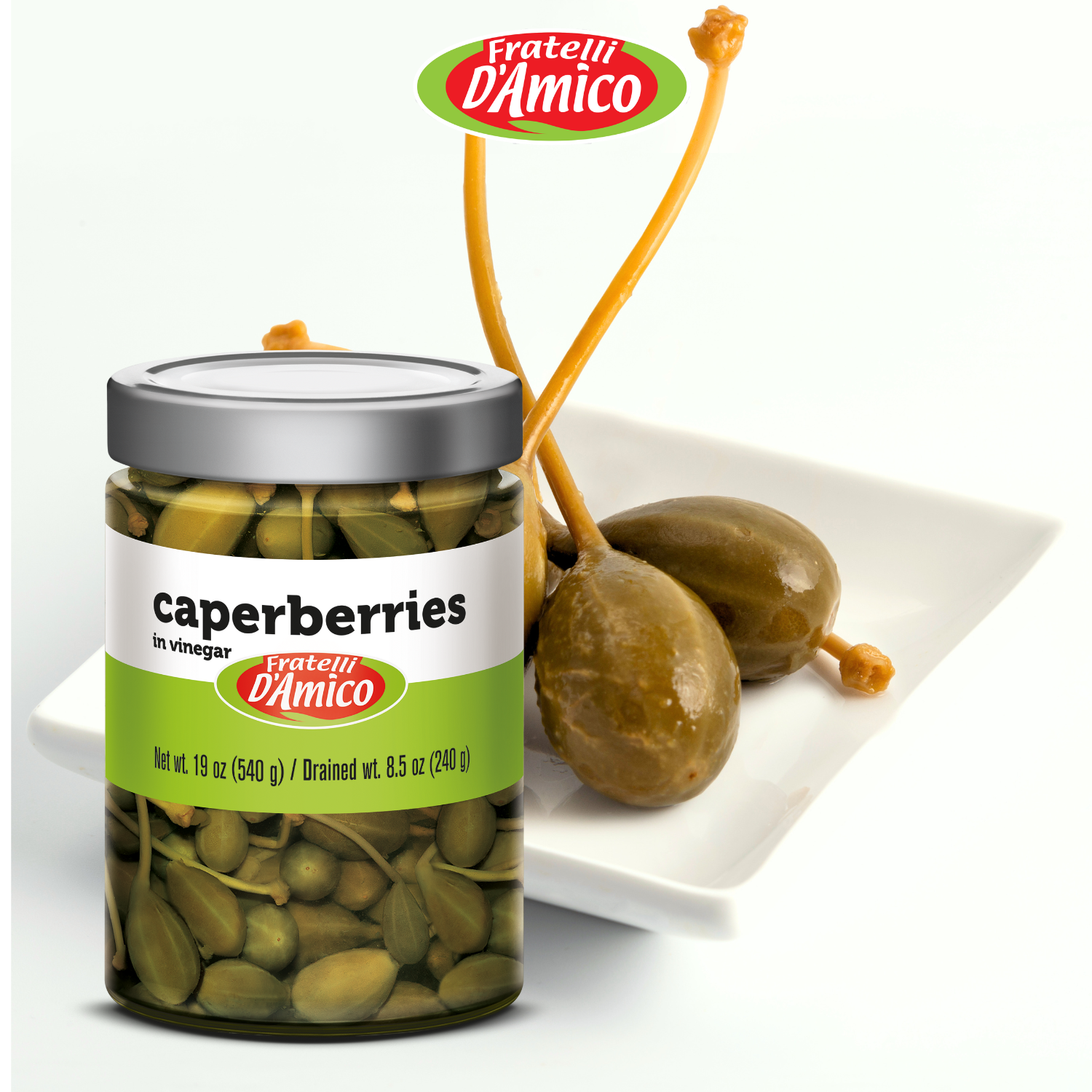 Fratelli D'Amico Caperberries in vinegar, Pickled, Capers. Net Wt 19oz (540g)