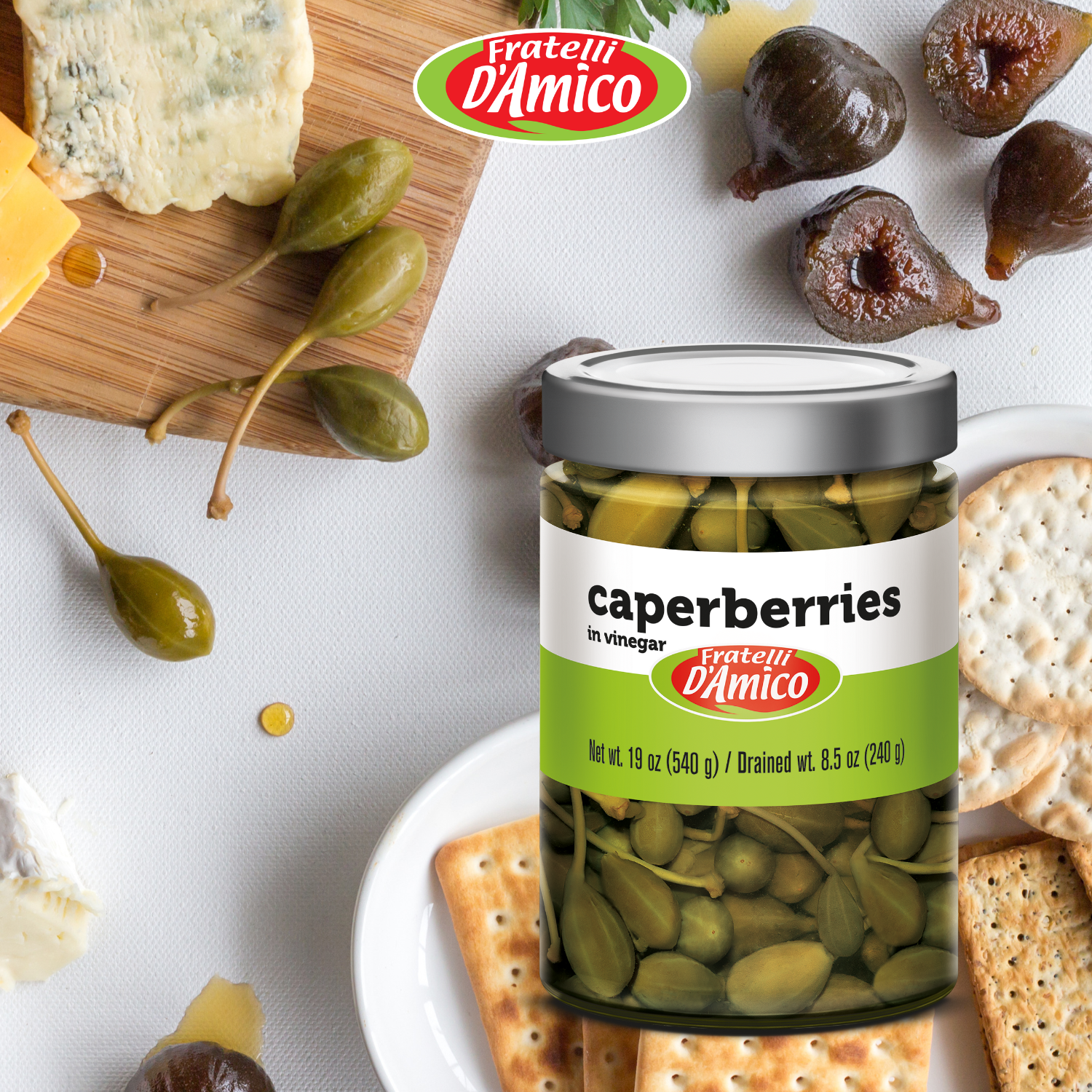 Fratelli D'Amico Caperberries in vinegar, Pickled, Capers. Net Wt 19oz (540g)