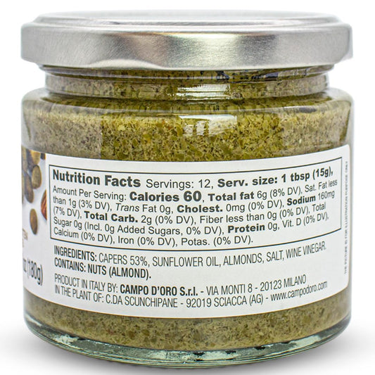 Jar of Campo D’Oro capers paté with Sicilian almond 180g authentic Italian gourmet spread
