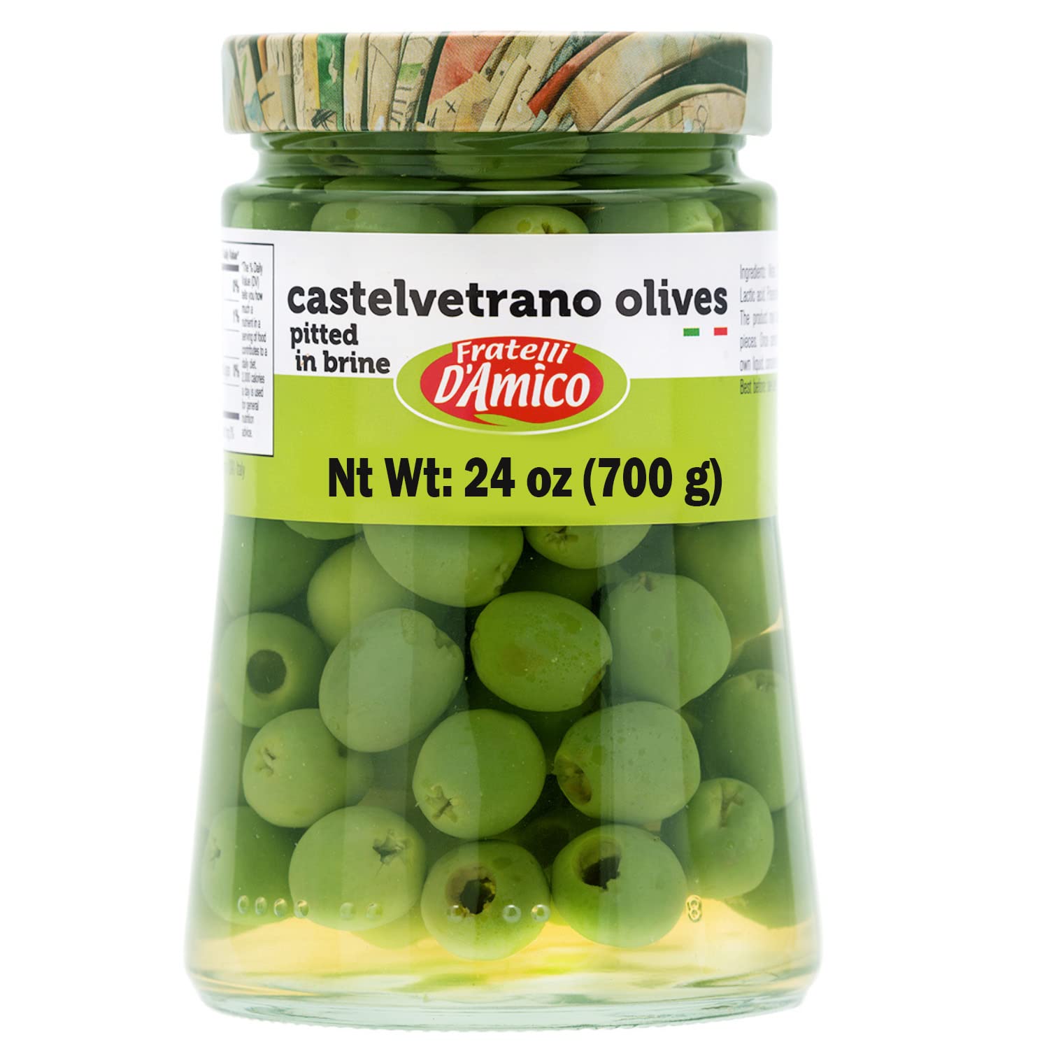 Jar of Fratelli D’Amico Castelvetrano olives pitted in brine 700g authentic Sicilian green olives