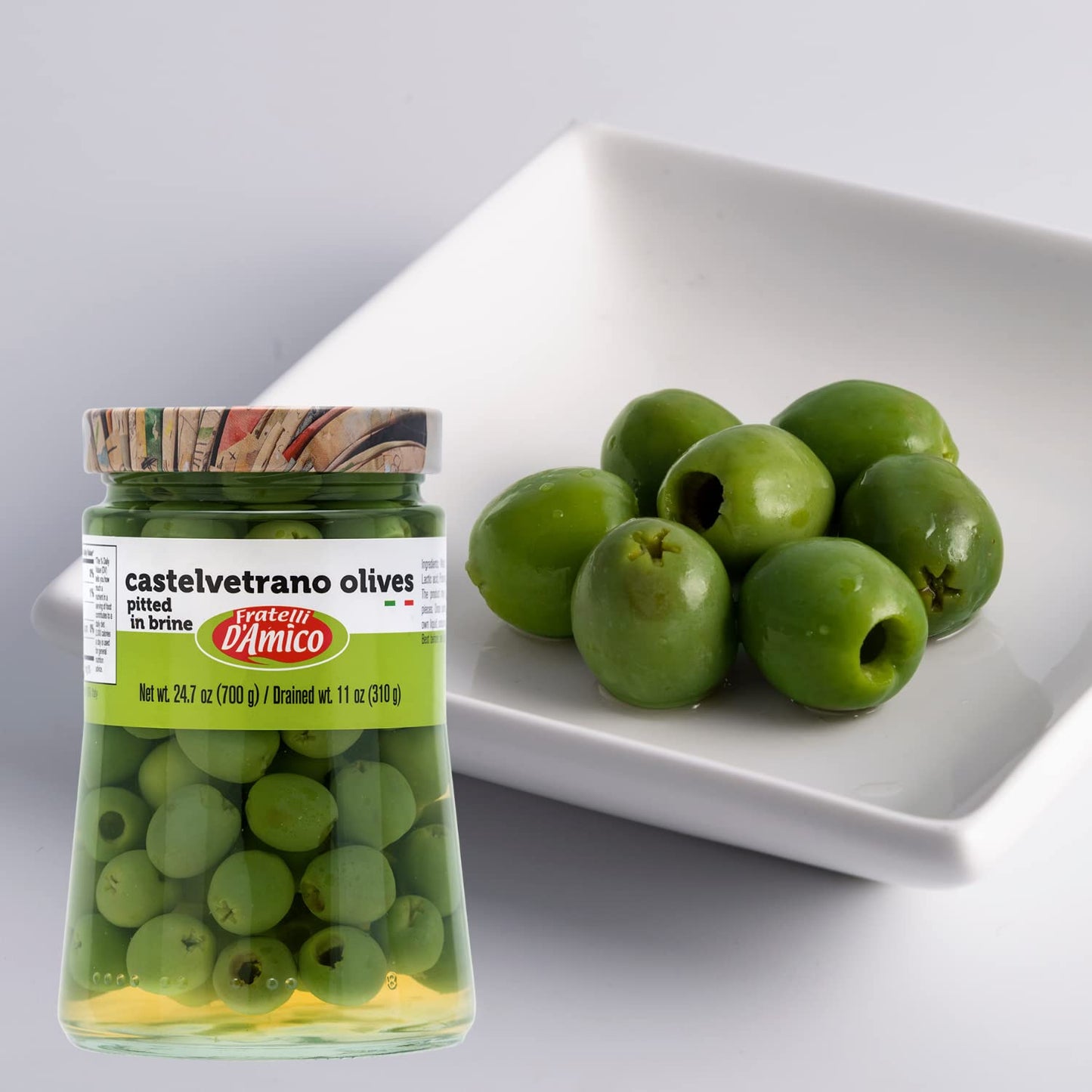 Jar of Fratelli D’Amico Castelvetrano olives pitted in brine 700g authentic Sicilian green olives