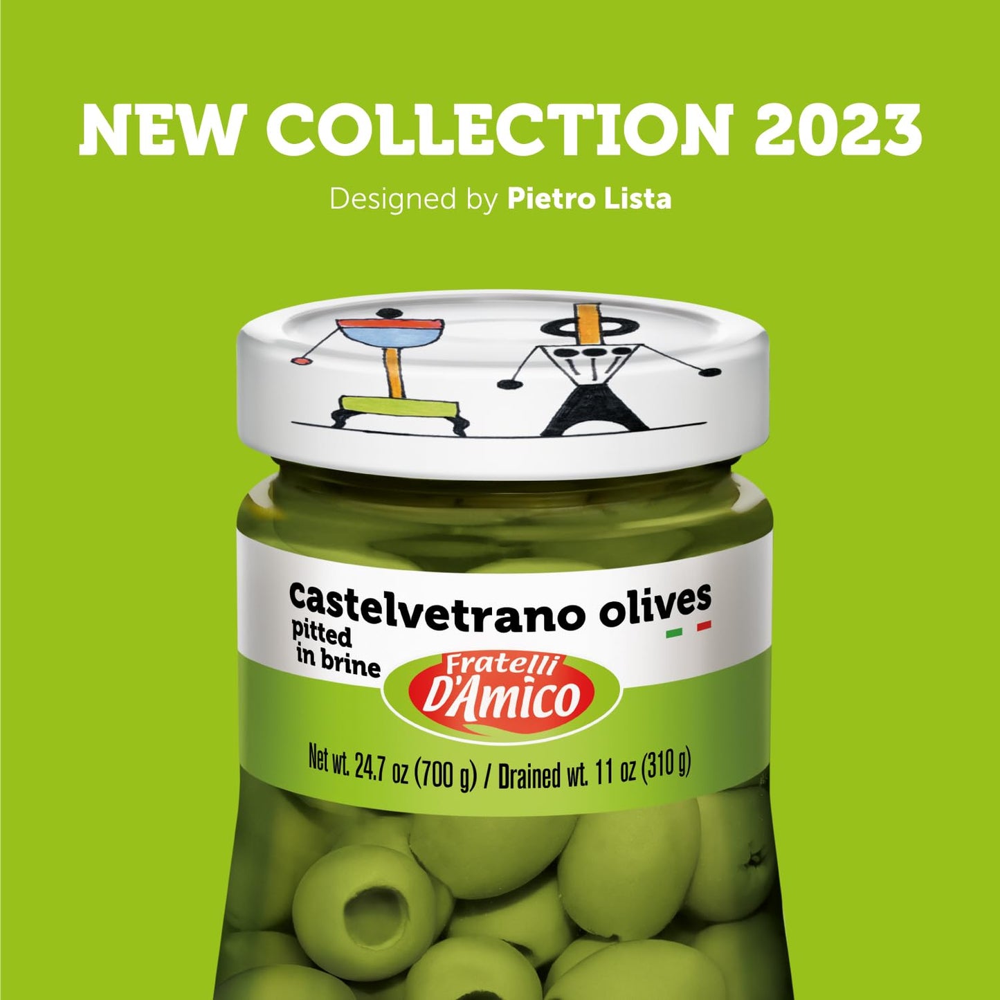 Jar of Fratelli D’Amico Castelvetrano olives pitted in brine 700g authentic Sicilian green olives