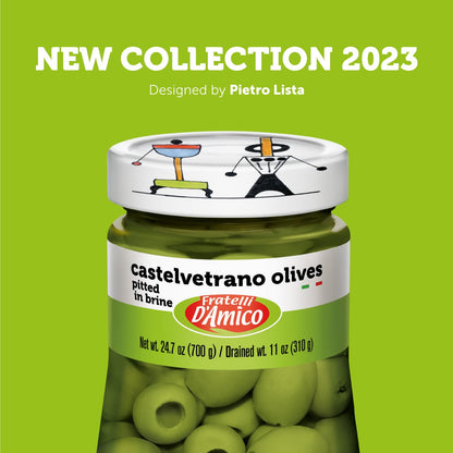 Jar of Fratelli D’Amico Castelvetrano olives pitted in brine 700g authentic Sicilian green olives