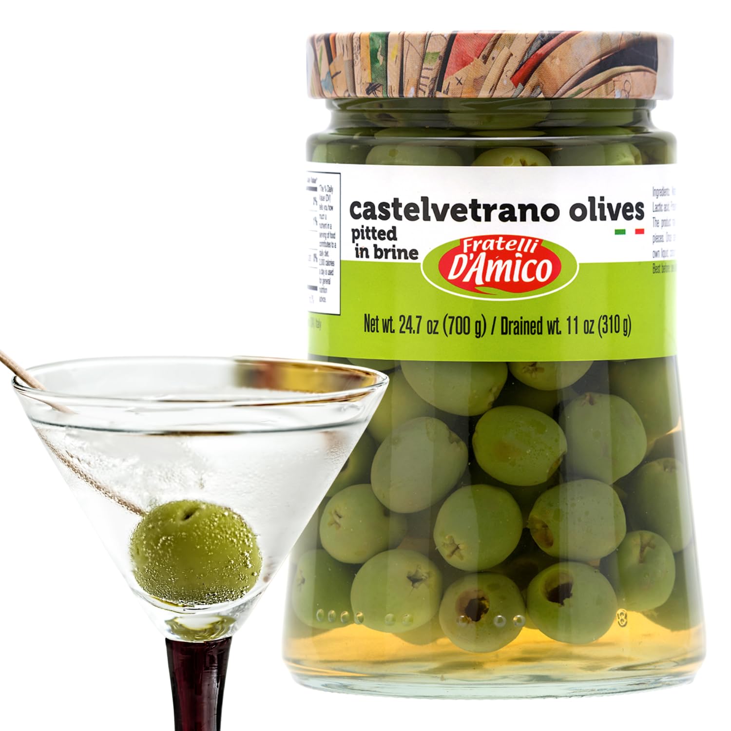 Jar of Fratelli D’Amico Castelvetrano olives pitted in brine 700g authentic Sicilian green olives