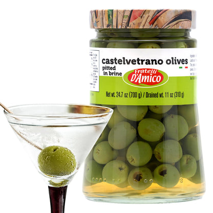 Jar of Fratelli D’Amico Castelvetrano olives pitted in brine 700g authentic Sicilian green olives