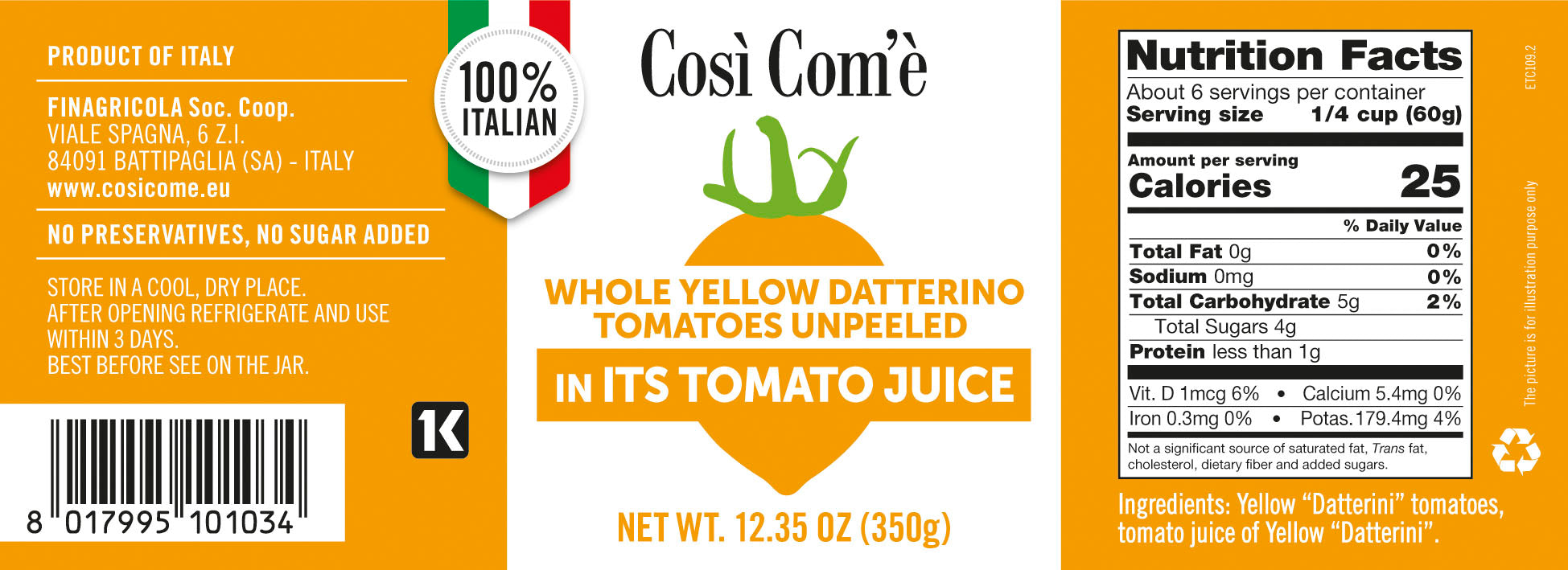 Cosi Come Datterino, Italian Yellow Tomatoes Unpeeled in own juice (12.354 oz) 350 g, low-acid, No additives, no preservatives, 100 % Natural, Non-GMO, Product of Italy