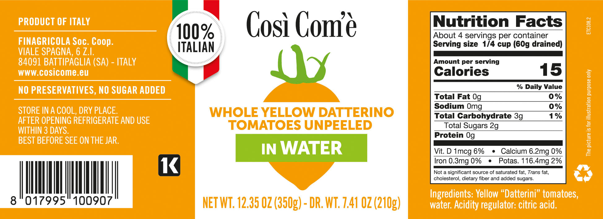 Così Com'è, Yellow Datterino Tomatoes unpeeled in water(12.354 oz) 350g