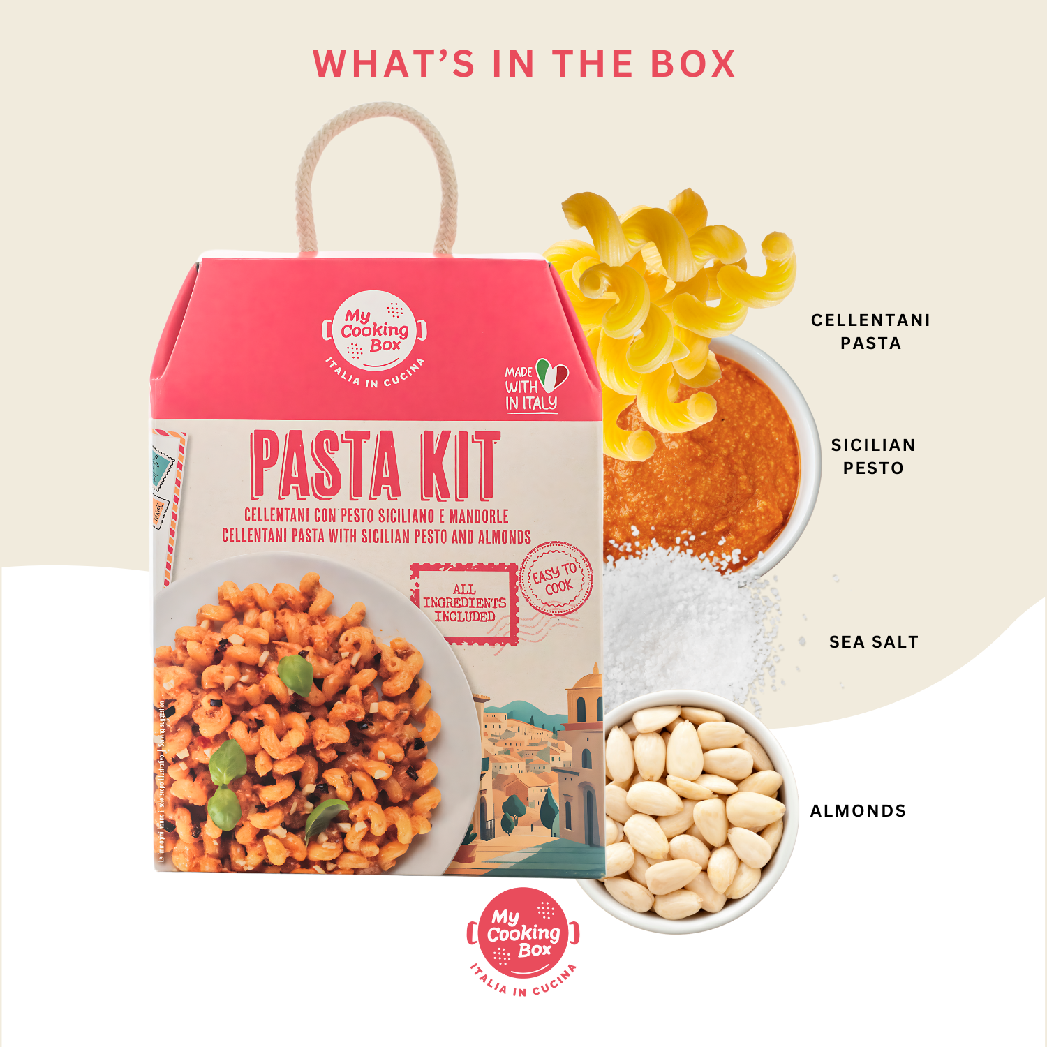 My Cooking Box, Pasta Dinner Meal Kit Recipe, Cellentani Pasta with Sicilian Pesto and Almonds