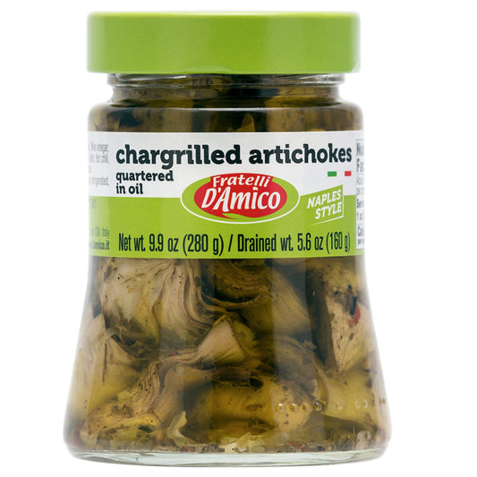 Jar of Fratelli D’Amico chargrilled artichokes quartered in oil 280g authentic Italian antipasto