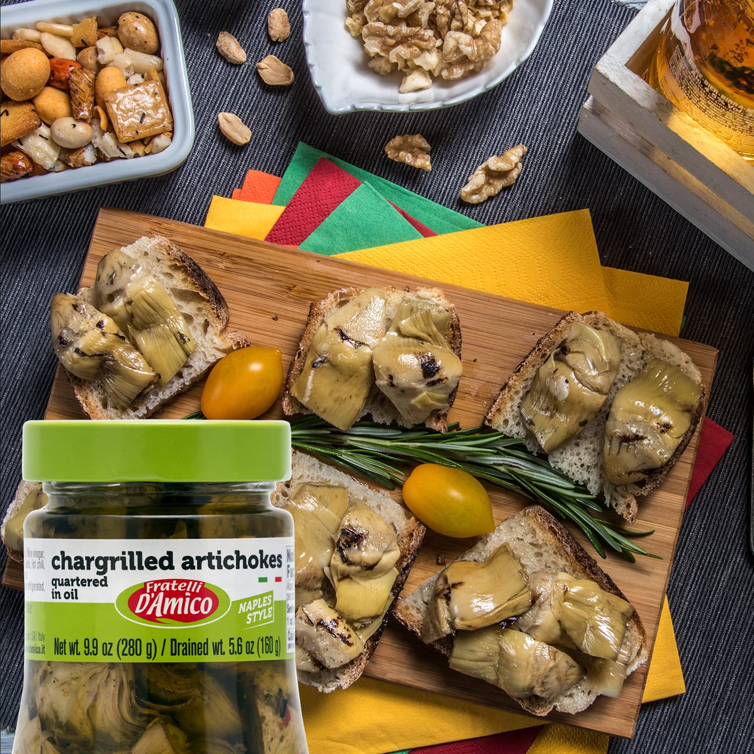 Jar of Fratelli D’Amico chargrilled artichokes quartered in oil 280g authentic Italian antipasto