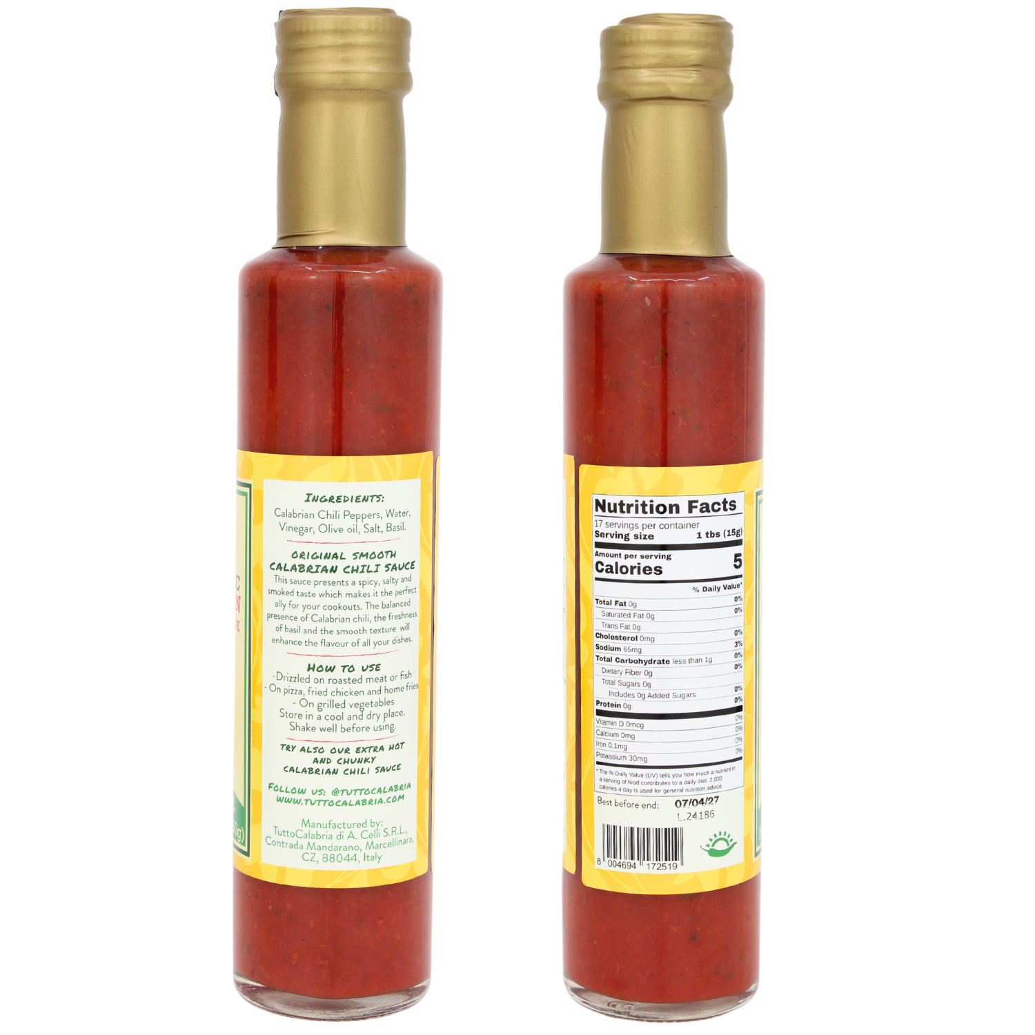 TuttoCalabria Authentic Smooth Calabrian Chili Pepper Sauce, 250ml