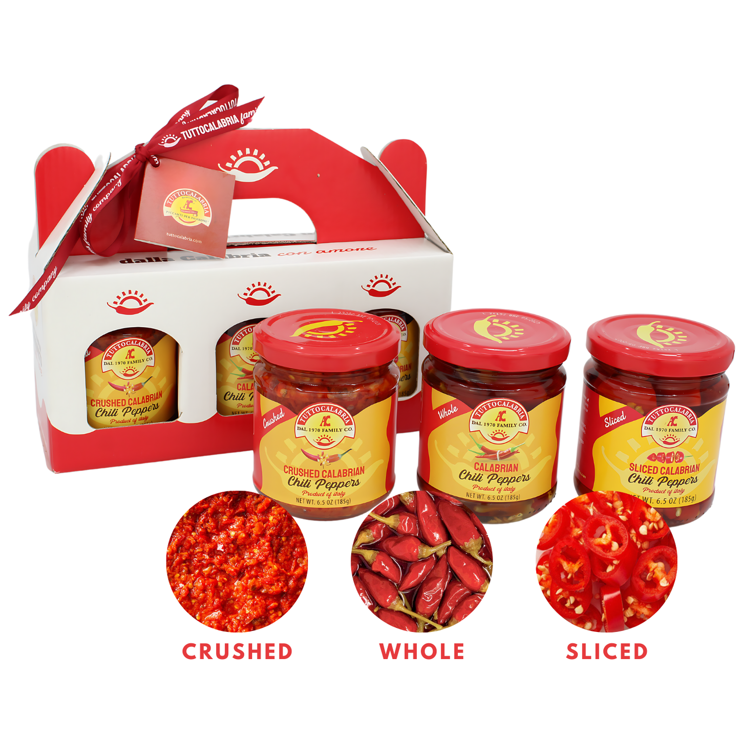 TuttoCalabria, Gift Set, Calabrian Chili Pepper Gift Set, 3 Pack X Whole, Crushed, Sliced 6.5oz