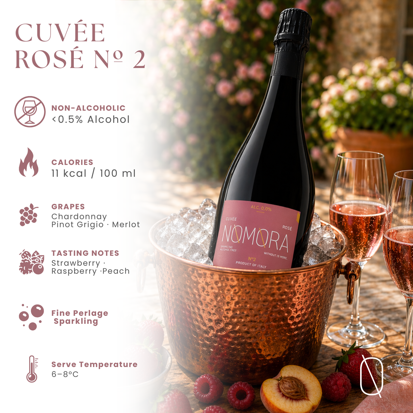 A bottle of Cuvée Rosé N° 2 sparkling wine by Nomora is displayed in a hammered copper ice bucket, with two filled wine glasses, raspberries, and peach slices on a rustic table. The left side features a white panel with product details and text.