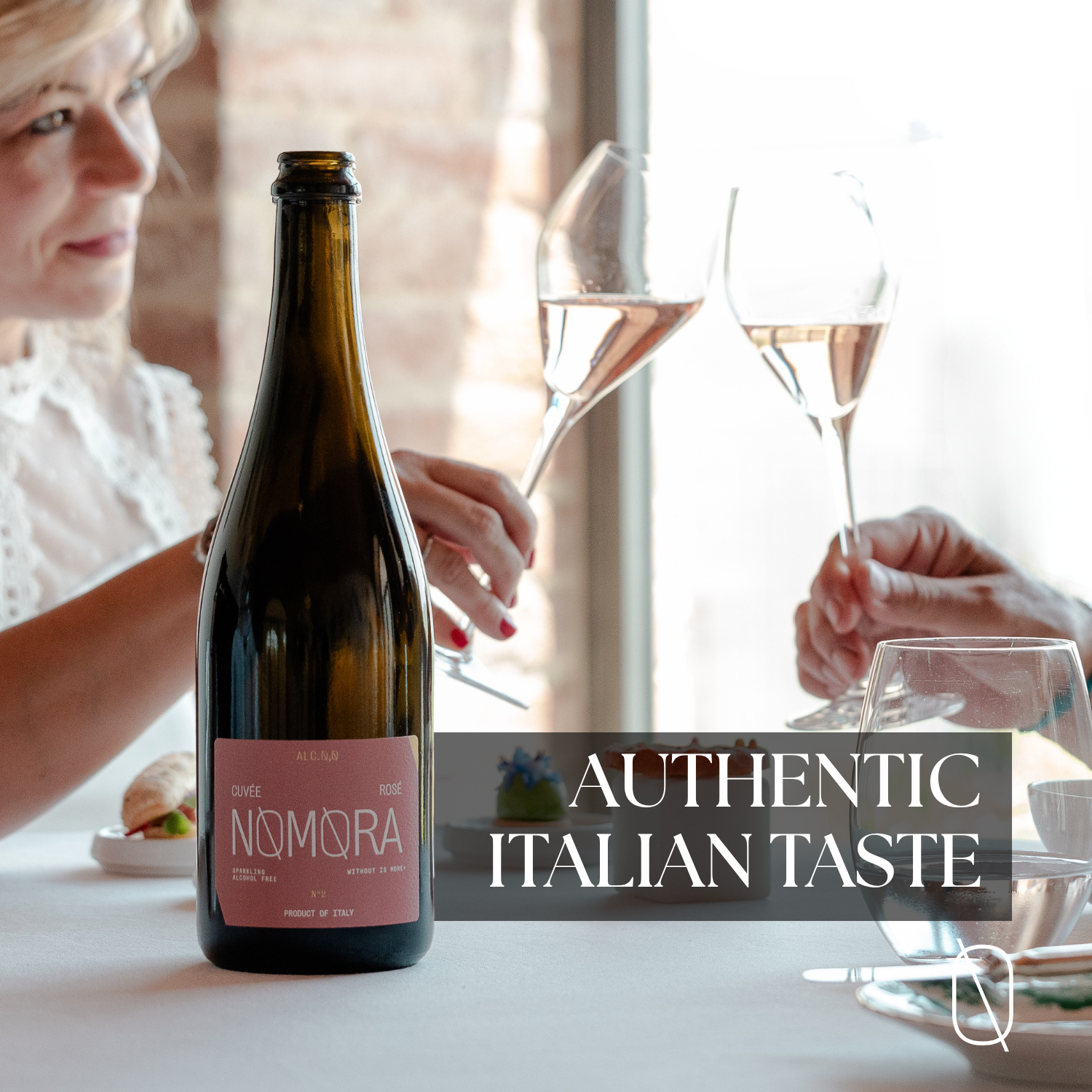 A bottle of Nomora Sweet Rose wine stands on a table in a bright dining setting, with a woman and another person holding wine glasses in the background. A text overlay reads 'AUTHENTIC ITALIAN TASTE'.
