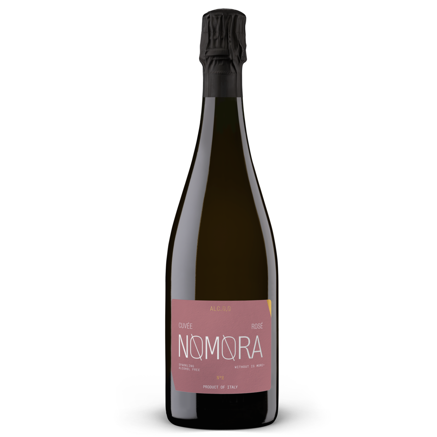 A bottle of Nomora sparkling wine with a dusty rose label and a black capsule, set against a plain white background.