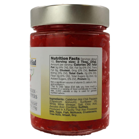 Jar of Calabrian Hot Chili Peppers with nutrition label on a white background
