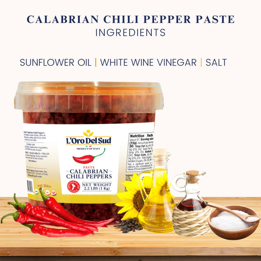 Calabrian chili pepper paste ingredients displayed with sunflower oil, white wine vinegar, and salt on a wooden surface.
