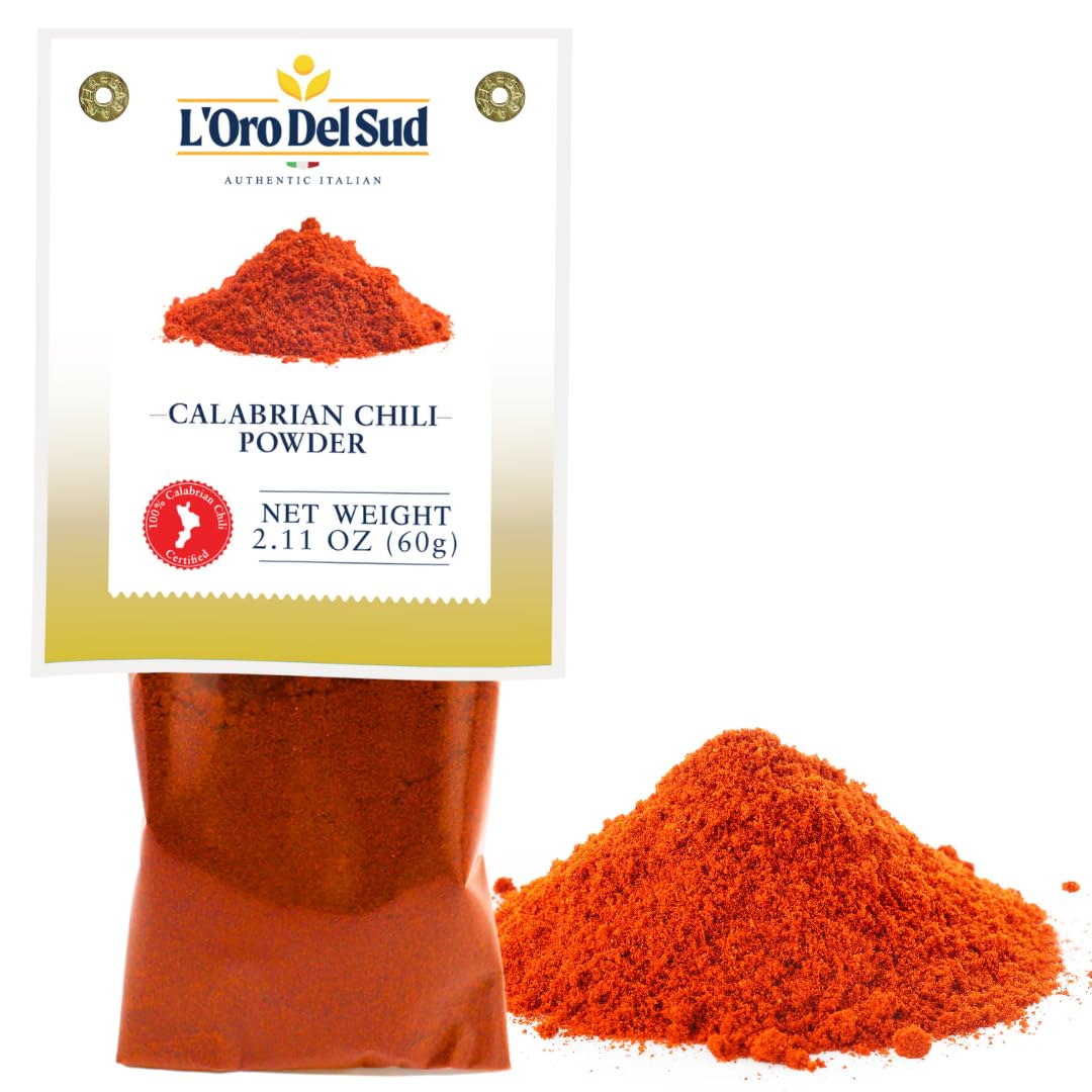 Calabrian chili powder package with chili powder on a white background