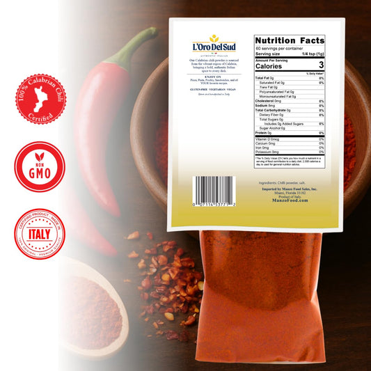 L'Oro Del Sud pepper packaging with nutrition facts label, chili peppers, and spices in the background.