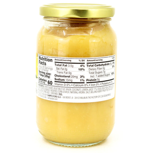 Back view of Campo D’Oro Lemon Curd jar showing nutrition facts and ingredients list