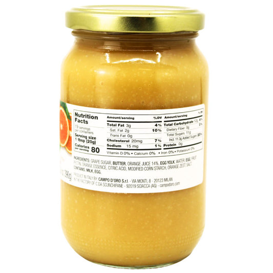 Back label of Campo D’Oro Orange Curd jar showing nutrition facts and ingredient list